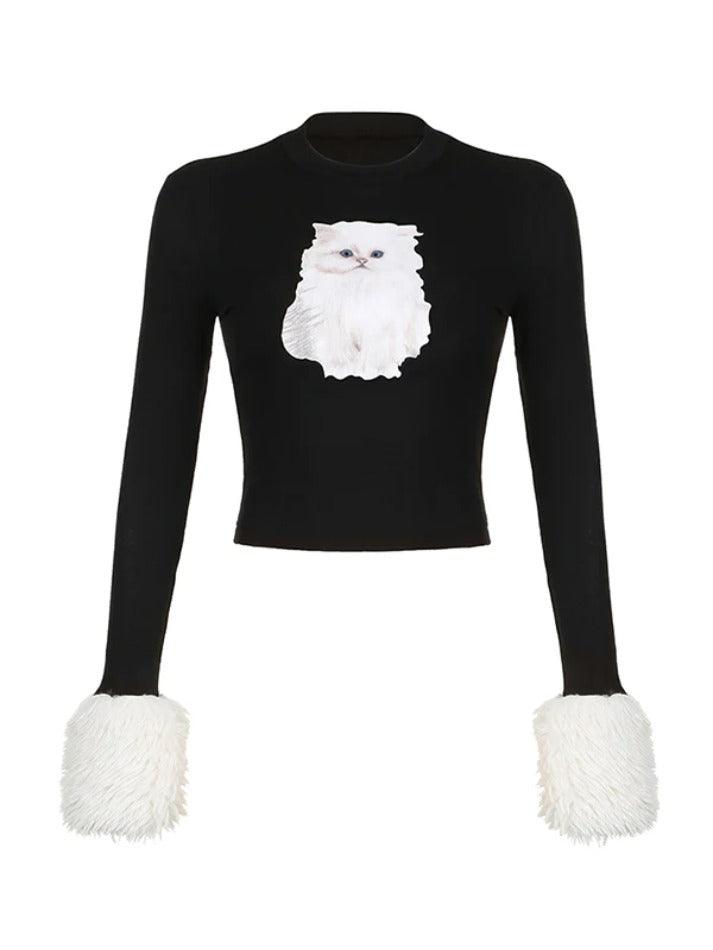 Kitty Print Plush Splice Cropped Long Sleeve Knit