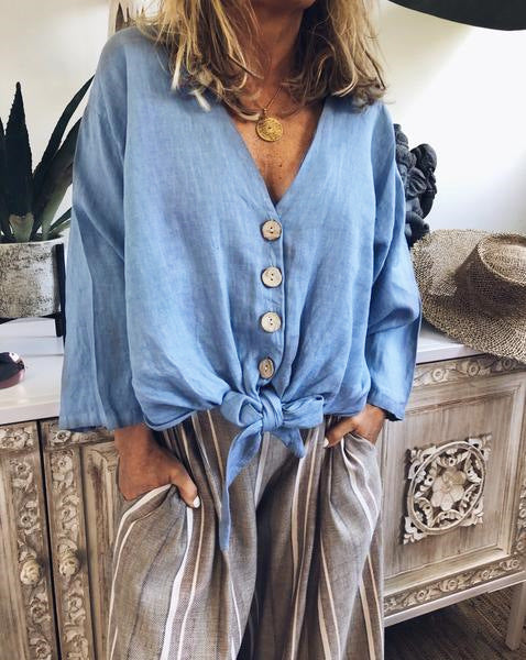 Women Thin Light V Neck Single-Breasted Leisure Loose Shirt Blouse