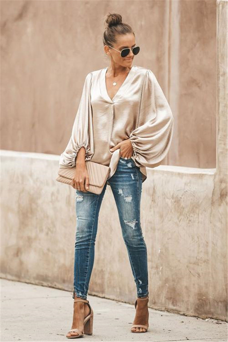 Women V Neck Lantern Sleeve Loose Shirt