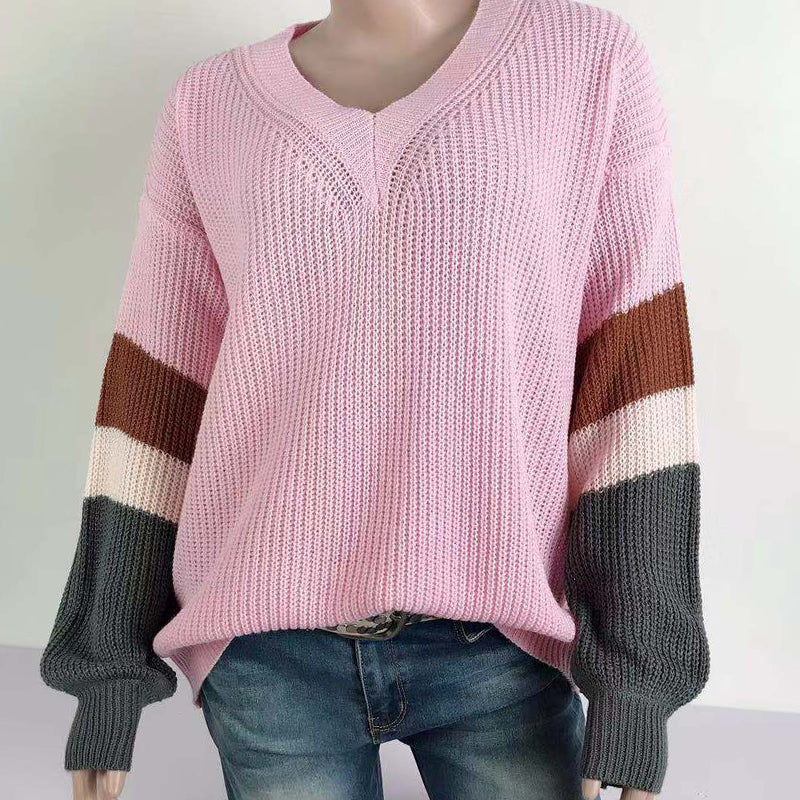 Women's V Neck Stripe Splicing Lantern Sleeve Sweater