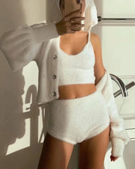 White Mohair V-neck Single-breasted Knitting Coat Jacket Halter Short Vest Shorts Hot Pants Three-piece Set