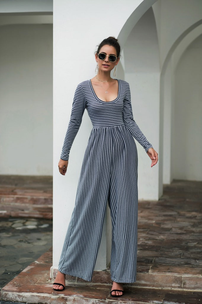 U-neck Sexy Wide-leg Long-sleeved Striped Jumpsuit