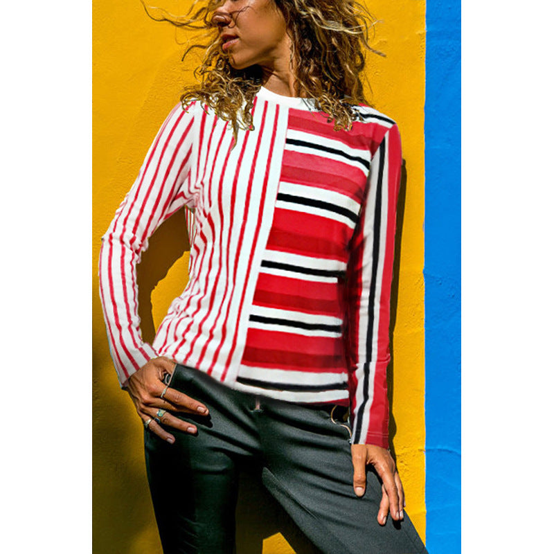 Women's Loose Round Neck Stripe Splicing Long Sleeve T-Shirt