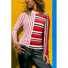 Women's Loose Round Neck Stripe Splicing Long Sleeve T-Shirt