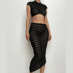 Ruched textured see through short sleeve maxi skirt set