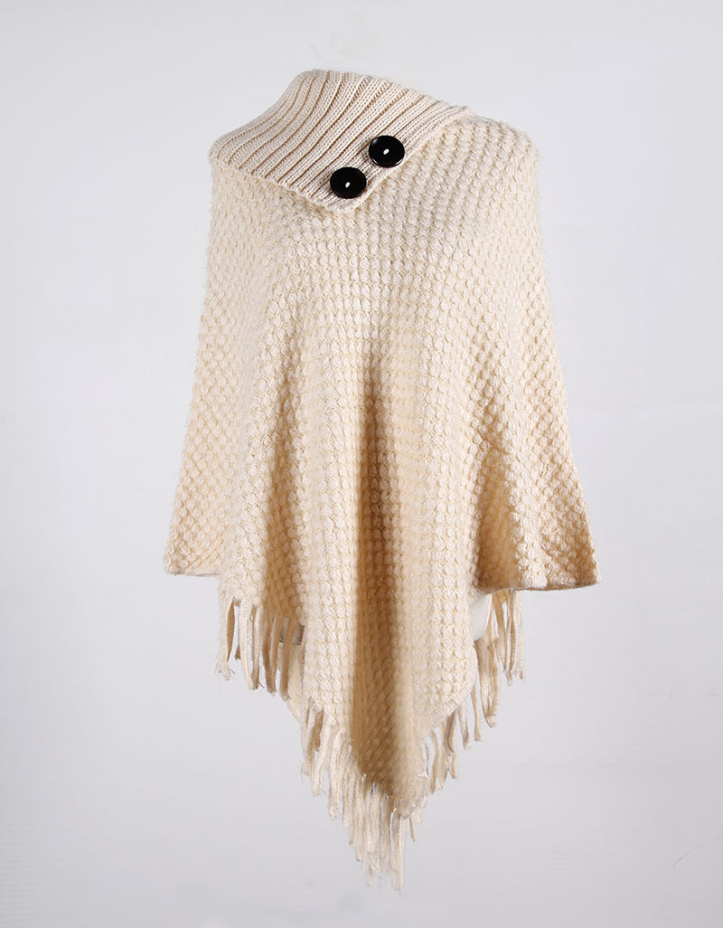Tassel Fringed Cloak Shawl Button Collar Pullover Sweater Cape