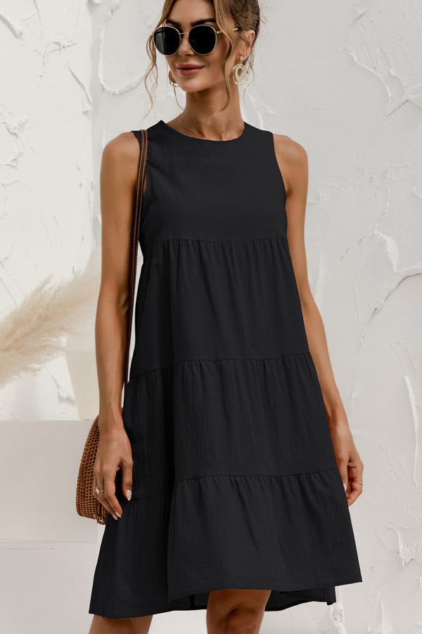 Round Neck Solid Ruched Sleeveless Mini Dress
