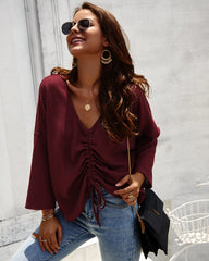 Women's Deep V Neck Loose Pleated Long Sleeve Sweater