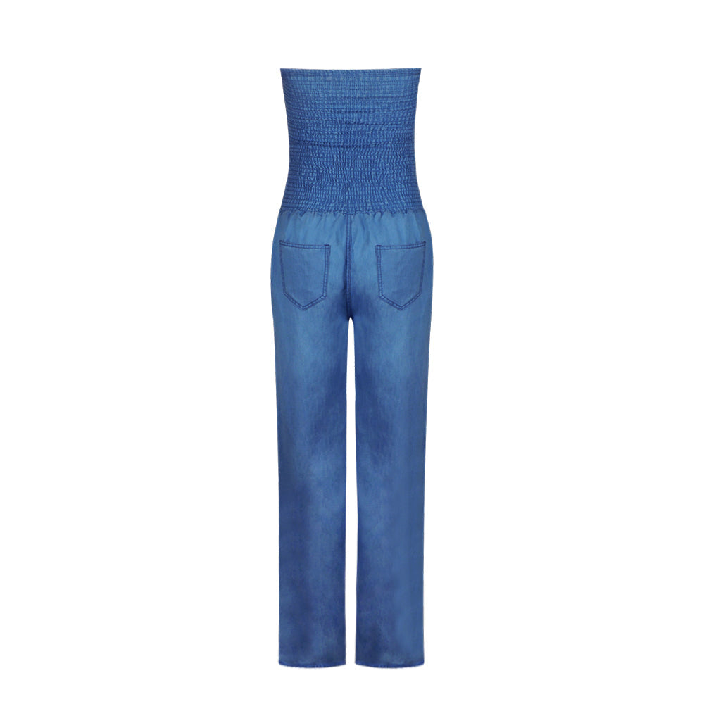 Tube Top Strapless Elastic Waist Slit Leg Denim Jumpsuit