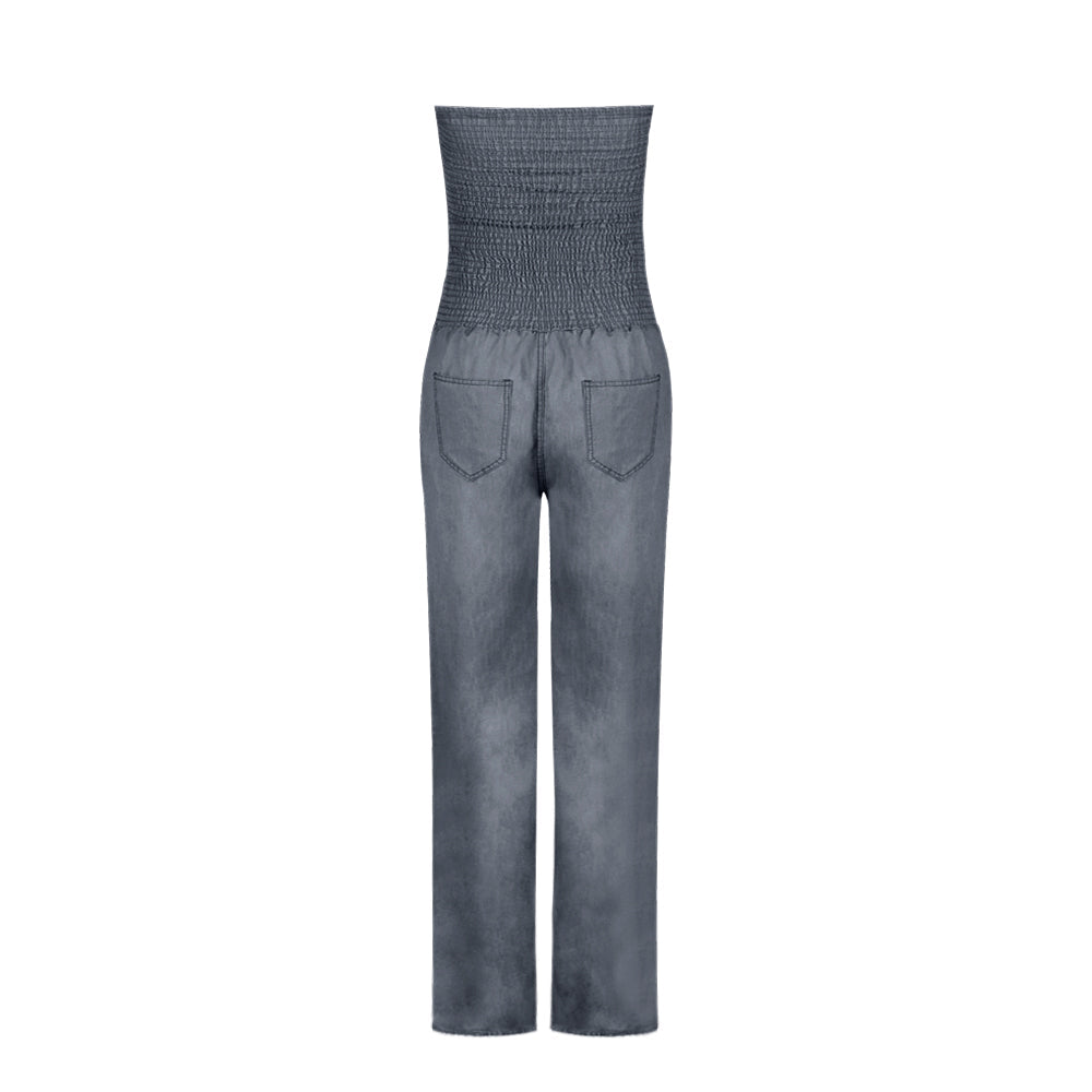 Tube Top Strapless Elastic Waist Slit Leg Denim Jumpsuit