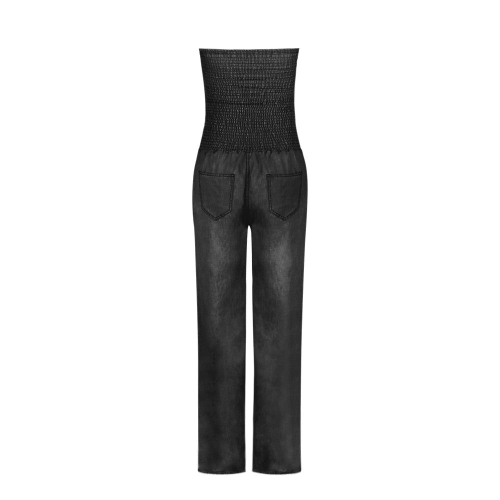 Tube Top Strapless Elastic Waist Slit Leg Denim Jumpsuit