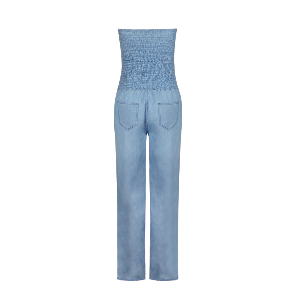 Tube Top Strapless Elastic Waist Slit Leg Denim Jumpsuit