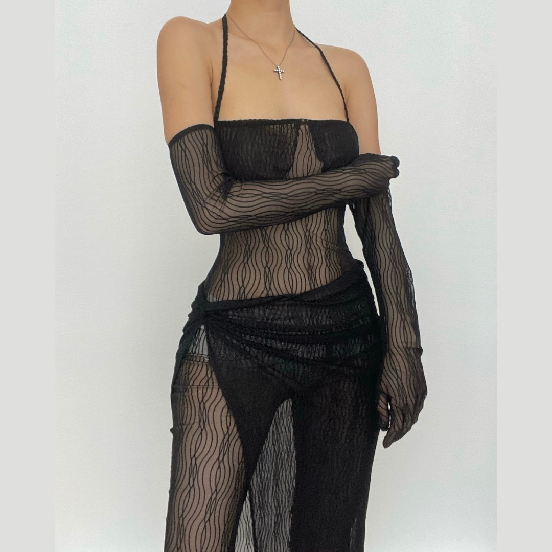 Sheer mesh solid halter self tie gloves backless jumpsuit skirt set