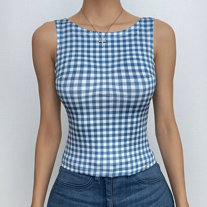 Sleeveless plaid contrast backless bowknot top