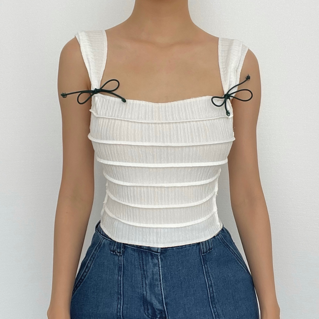 Stitch textured square neck sleeveless solid crop top