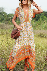 V Neck Floral Print Ruffle Hem Casual Dress