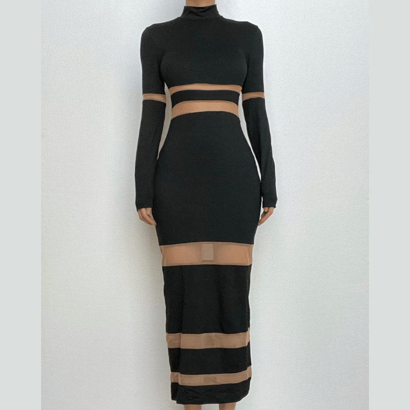 Patchwork mesh contrast long sleeve high neck maxi dress