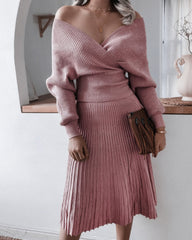 V-neck Irregular Hem Pleated Knit Sweater Midi Dresses Pink