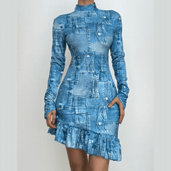 Ruffle long sleeve denim print backless high neck mini dress