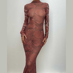 Sheer mesh see through high neck long sleeve beaded maxi dress