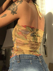 Floral Print Lettuce-Edge Crop Halter-Neck Top