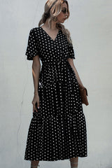 Short Sleeve Dots Print V Neck Maxi Dress