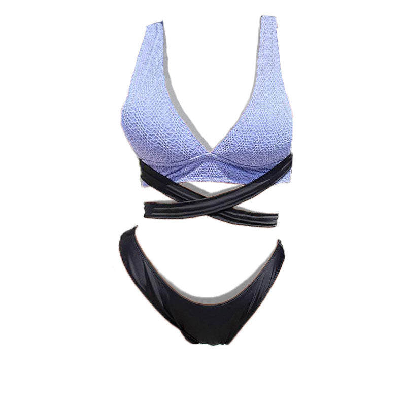 Cross front self tie textured contrast v neck bikini swimwear