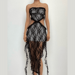 Lace ruffle solid slit hollow out backless tube midi dress