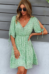 Floral Print Elastic Waist V Neck Mini Dress