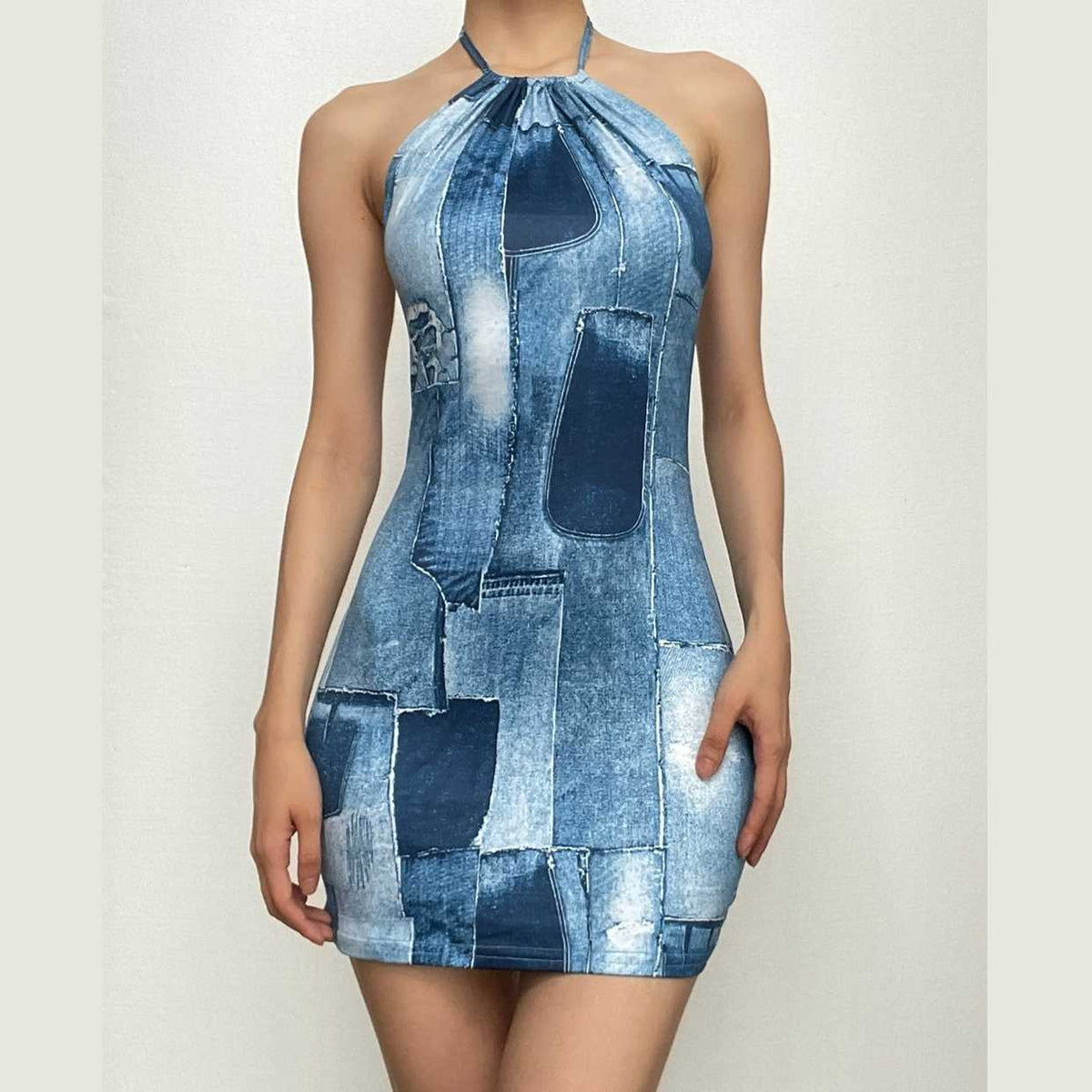 Self tie drawstring halter backless denim print contrast mini dress