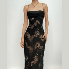 Lace cowl neck see through solid hollow out slit cami midi dress