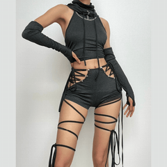 Lace up hollow out self tie drawstring high rise pant set