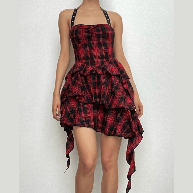Zip-up halter contrast irregular plaid backless mini dress