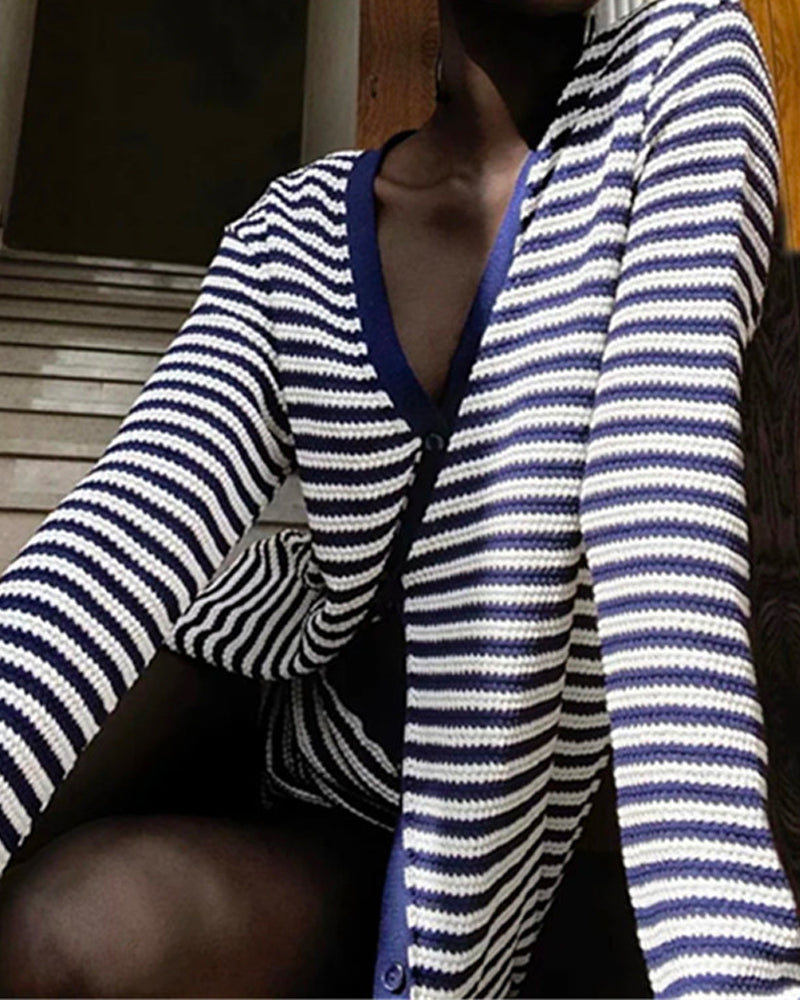 Striped Single-breasted Long Knit Cardigan Jacket