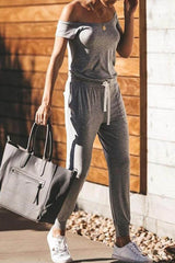 Short Sleeve Solid Color One Shoulder Casual Wear Jumpsuit