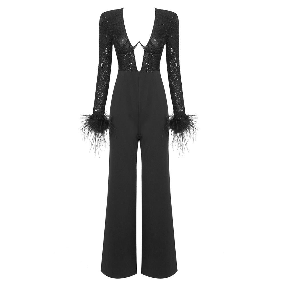 Laura Feathered Rhinestone Jumpsuit