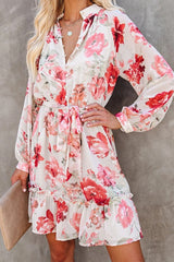 O  Neck Floral  Printed  Long-sleeved  Mini  Dress