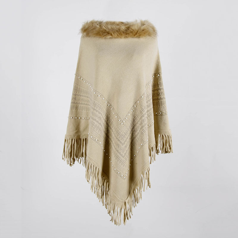 Tassel Fringed Pullover Bead Fur Collar Sweater Cloak Shawl Cape