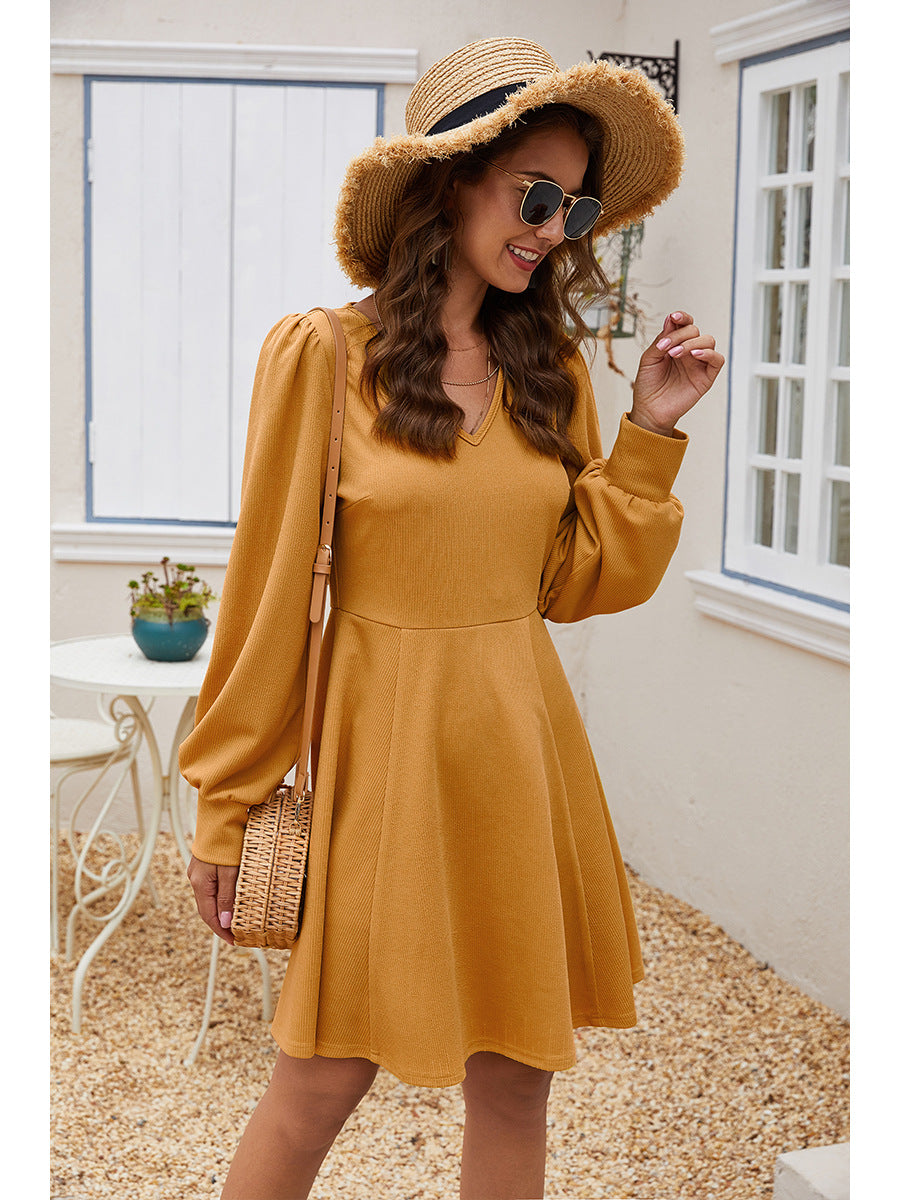 V-neck Long Sleeve Waistband Mini Dress