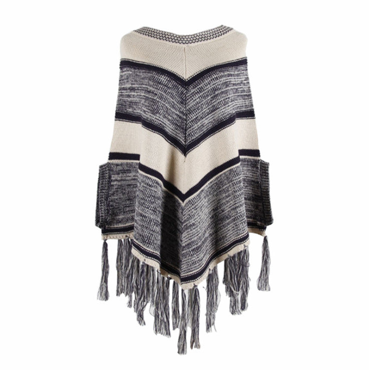 Tassel Fringed Pullover Geometric Pattern Sweater Cloak Shawl Cape