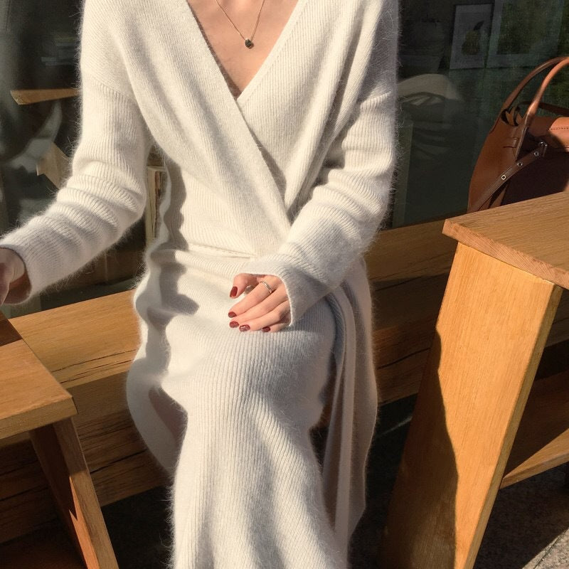 V-neck Cross Straps Long Knit Cardigan Midi Dresses