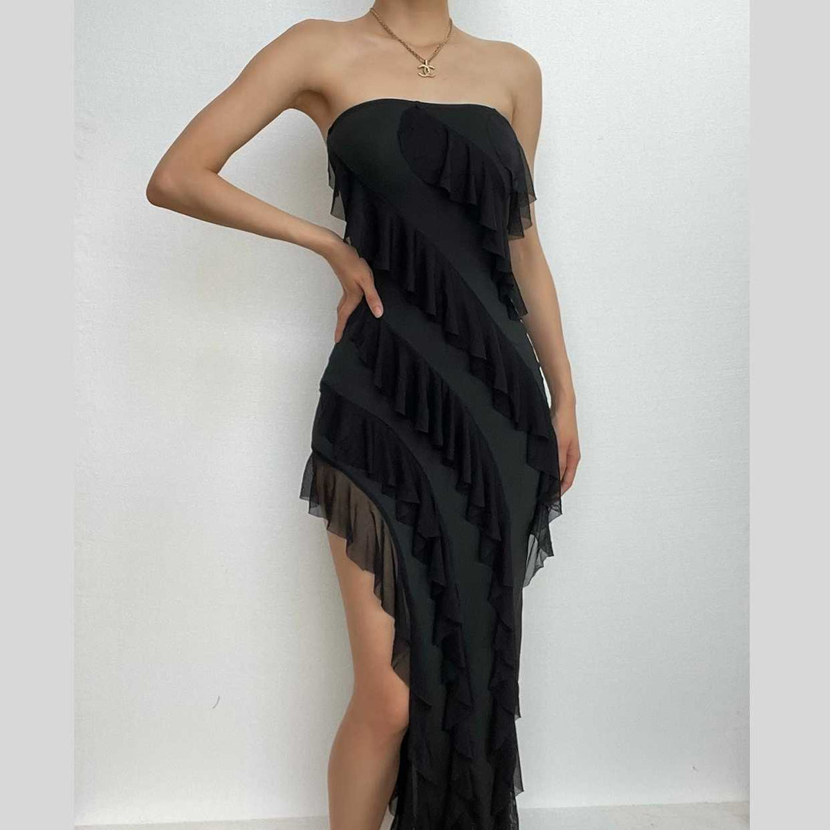 Irregular backless solid ruffle slit tube midi dress