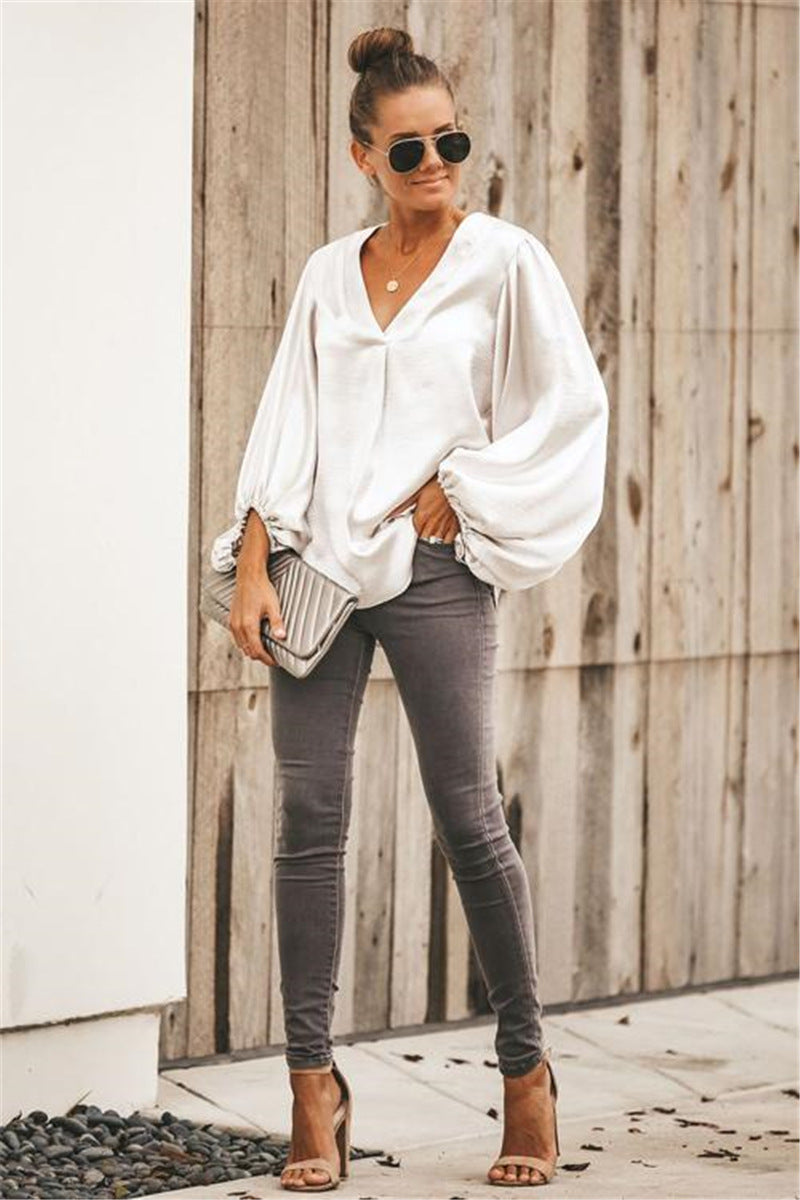 Women V Neck Lantern Sleeve Loose Shirt