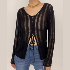 Solid long sleeve knitted slit lace up self tie top