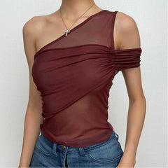 Sheer mesh see through solid one shoulder irregular ruched top