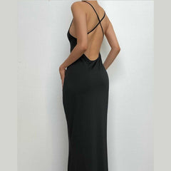 Cross back solid low cut backless cami midi dress