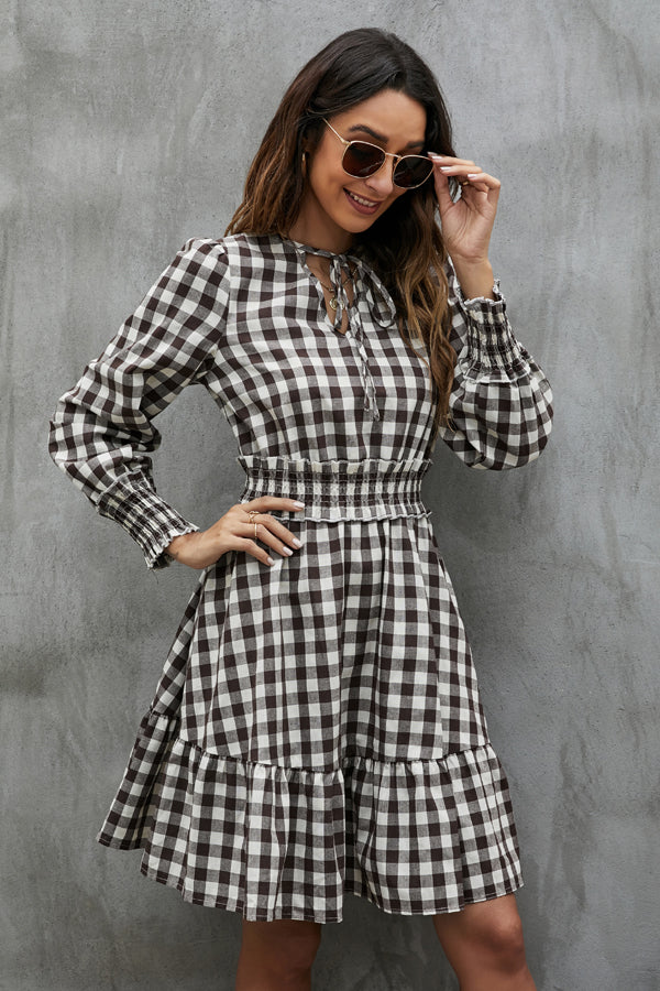 Fashion Plaid Print Rulle Hem Mini Dress