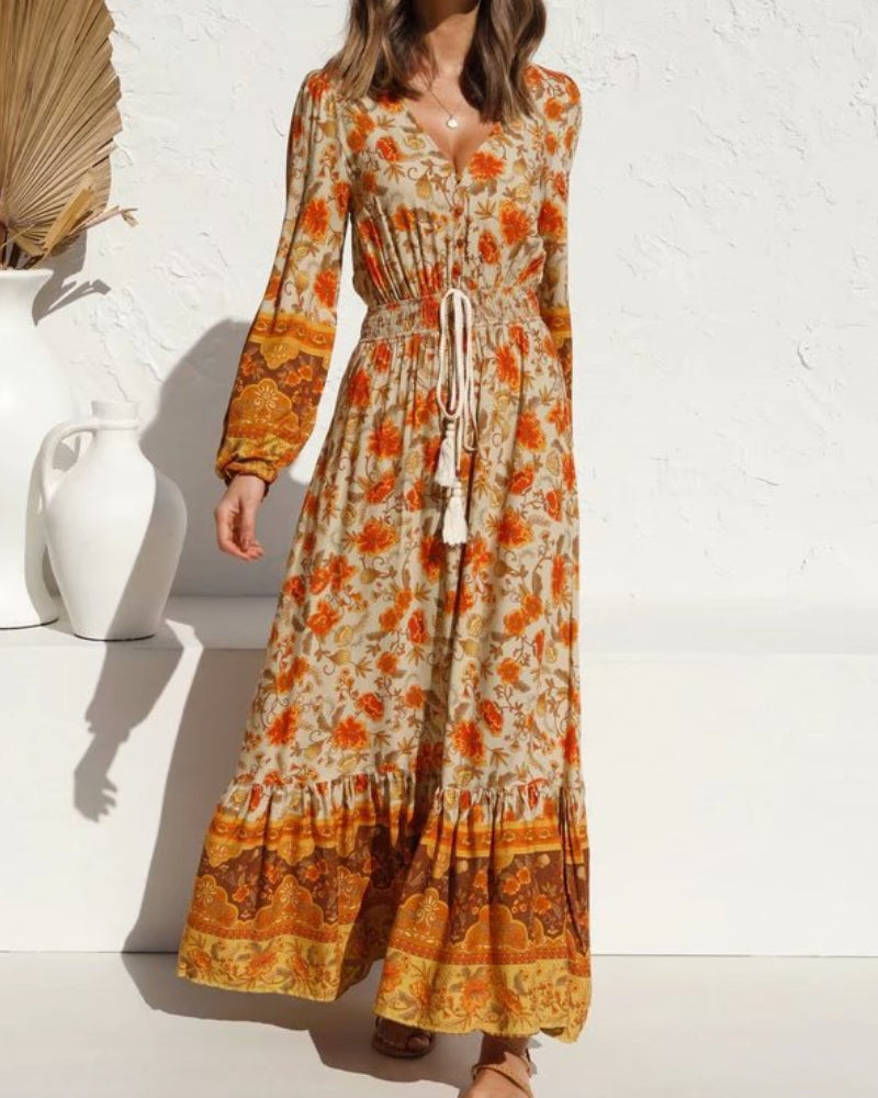 Vacation Drawstring Elastic Waist Floral Maxi Dresses