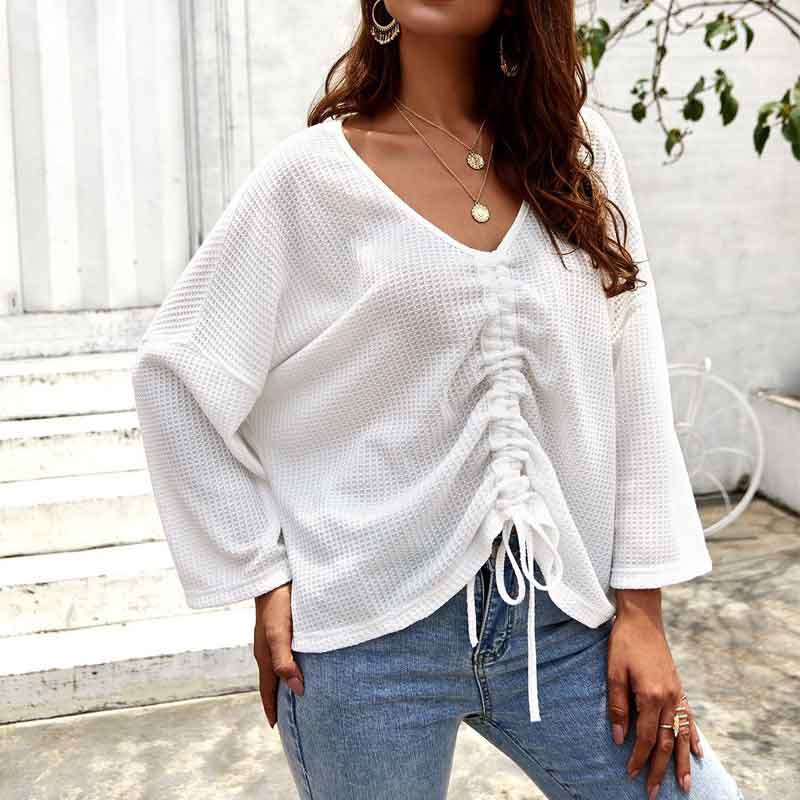 Women's Deep V Neck Loose Pleated Long Sleeve Sweater