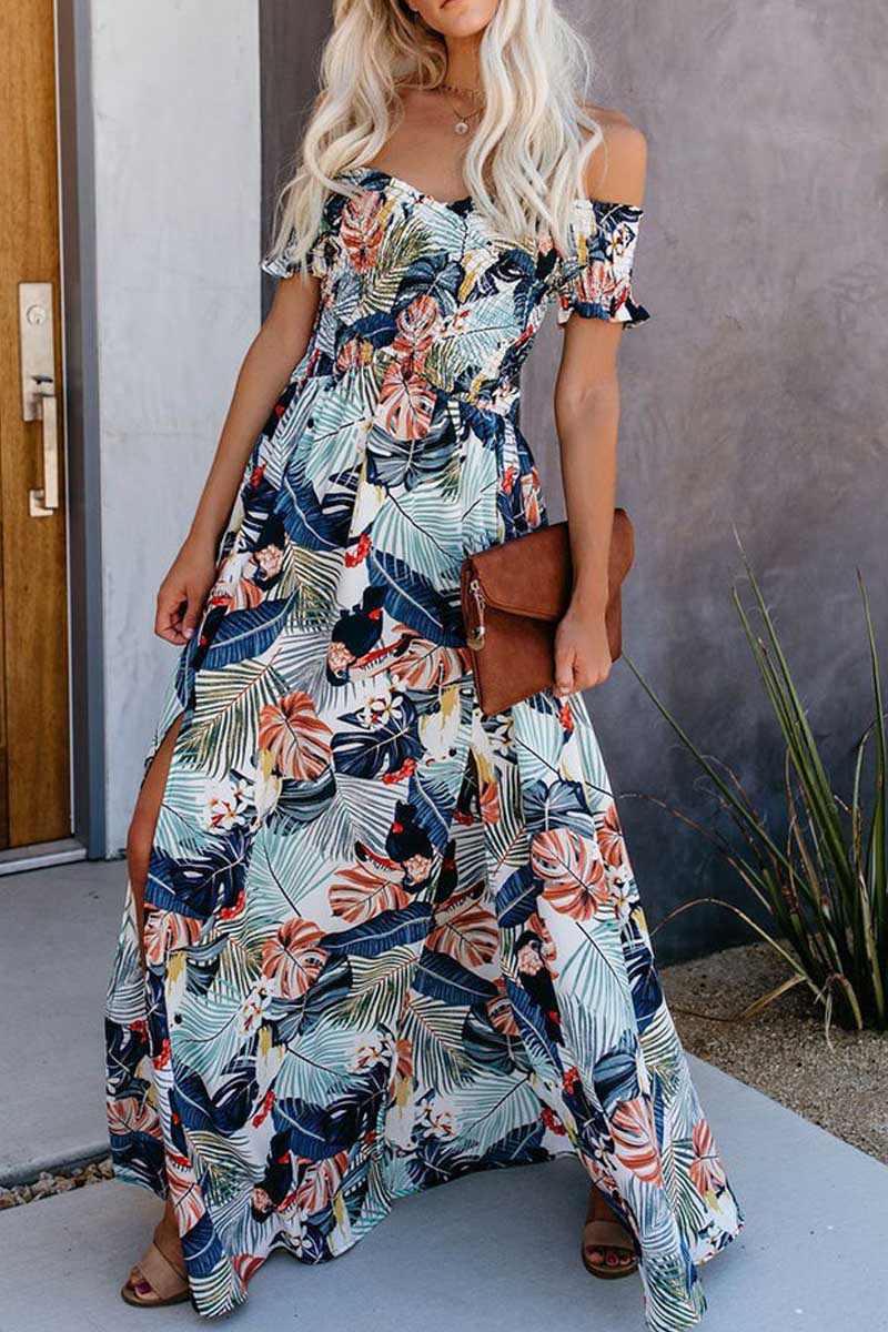 Casual Leaf Print Off Shoulder Wrap Chest Maxi Dress